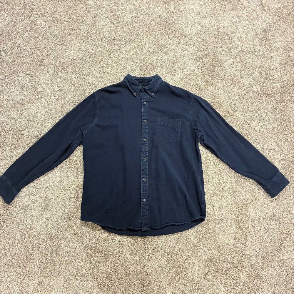 Lands End Mens L Traditional Fit Navy Blue 100% Cotton Flannel Button Down Shirt